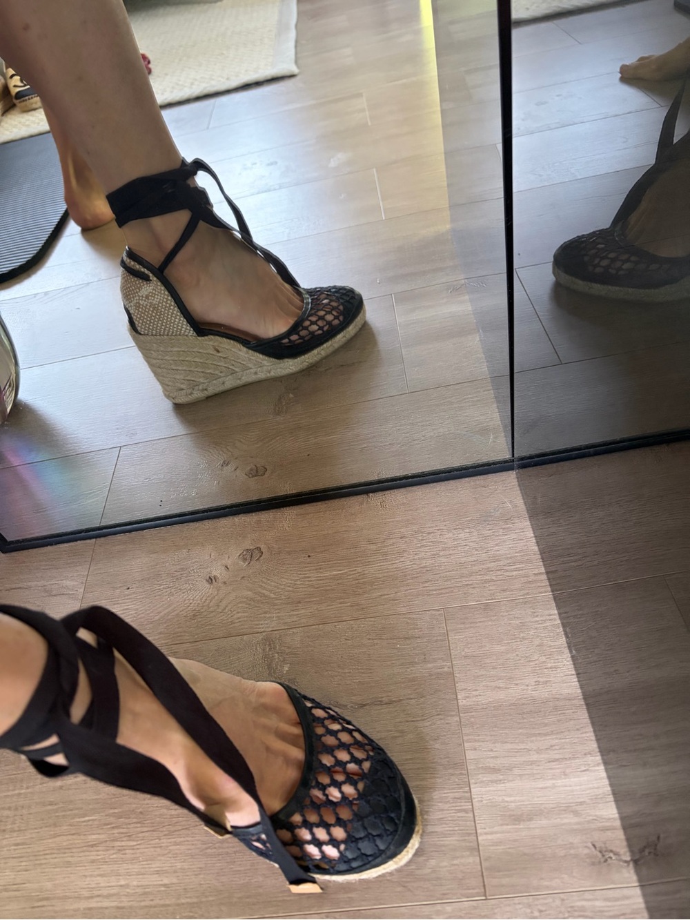 Black Woven Lace-Up Espadrille Wedge Sandals